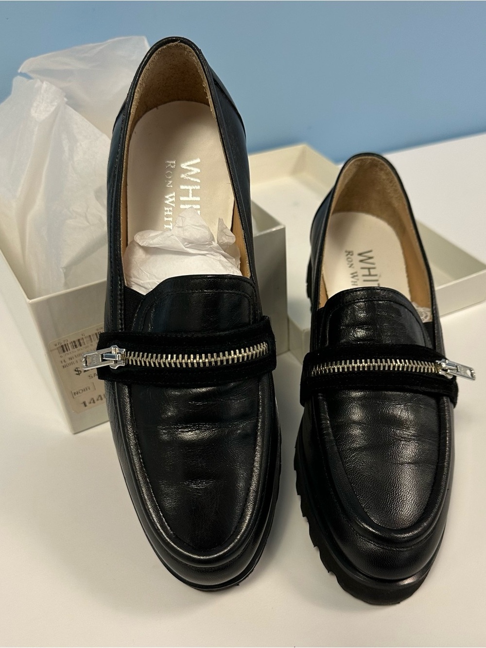 Brand New in the box Ron White Black Nappa Soft Leather Zip-Accent Loafers